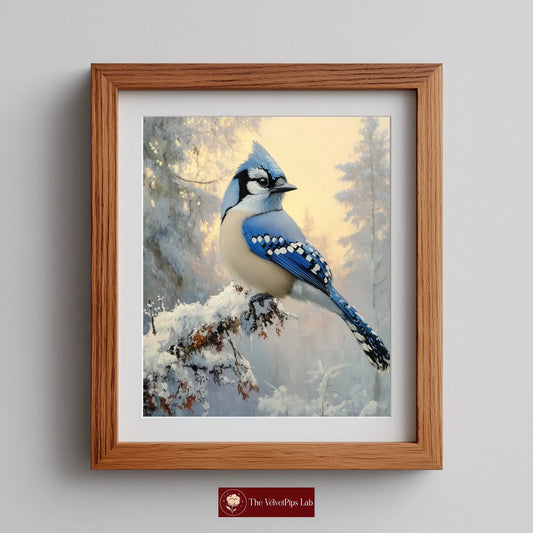 Blue Jay on Frosted Branch Wall Art, Winter Still Life Oil Painting, Snowy Trees and Morning Sky, Cozy Nature Scene The VelvetPips Lab