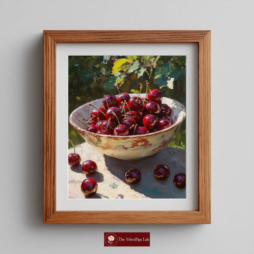 Cherries in Ceramic Bowl Wall Art, Still Life Oil Painting, Rich Crimson Fruit with Sunlit Glossy Skins The VelvetPips Lab