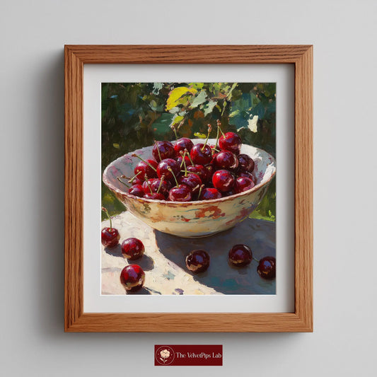 Cherries in Ceramic Bowl Wall Art, Still Life Oil Painting, Rich Crimson Fruit with Sunlit Glossy Skins The VelvetPips Lab