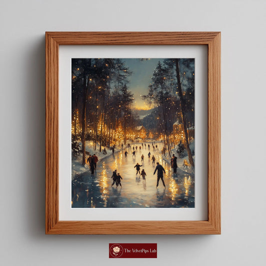 Joyful Families Ice Skating Christmas Wall Art, Winter Holiday Oil Painting, Children Laughing Under Sparkling Lights, Cozy Festive Scene 19 The VelvetPips Lab