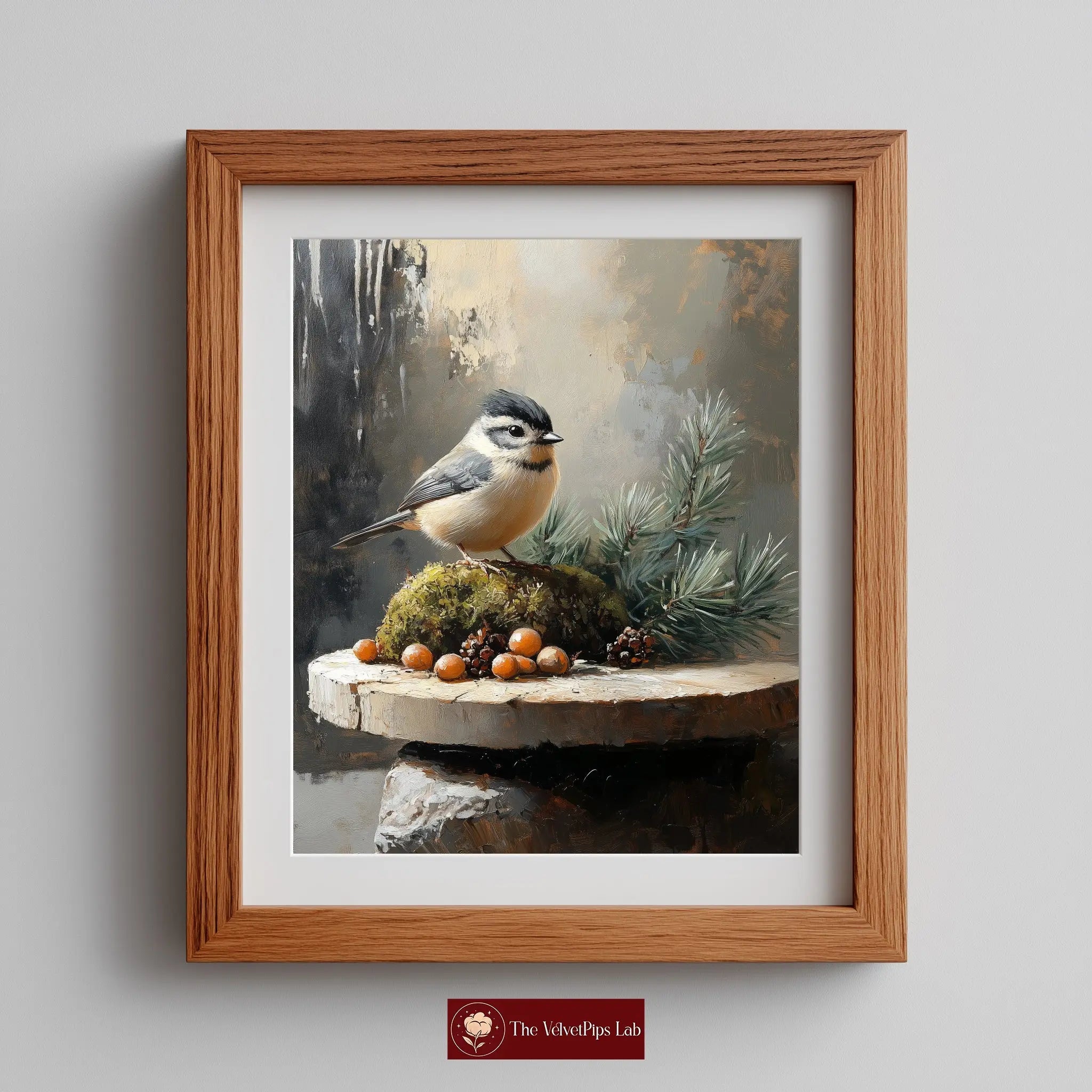 Tufted Titmouse on Mossy Stones Wall Art, Winter Still Life Oil Painting, Sunlit Evergreen Sprigs, Cozy Nature Scene The VelvetPips Lab