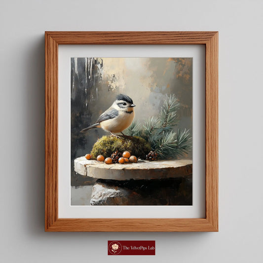 Tufted Titmouse on Mossy Stones Wall Art, Winter Still Life Oil Painting, Sunlit Evergreen Sprigs, Cozy Nature Scene The VelvetPips Lab