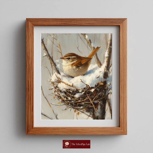 Winter Wren in Snow-Filled Nest Wall Art, Still Life Oil Painting, Peaceful Bird Scene in Bare Winter Tree The VelvetPips Lab