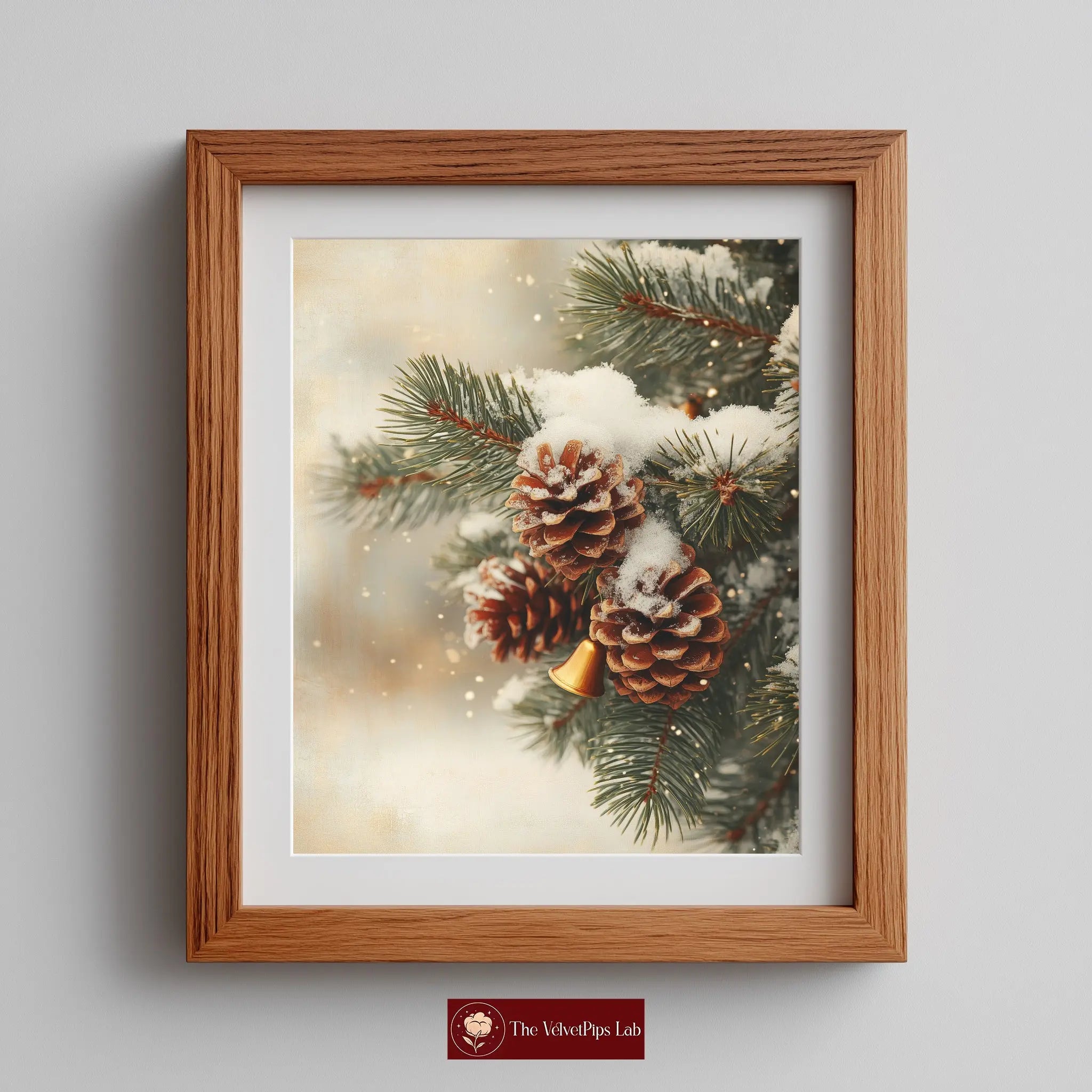 Fir Branch with Snow and Pinecones Christmas Wall Art, Vintage Holiday Oil Painting, Golden Bells and Red Ribbon, Cozy Festive Scene The VelvetPips Lab