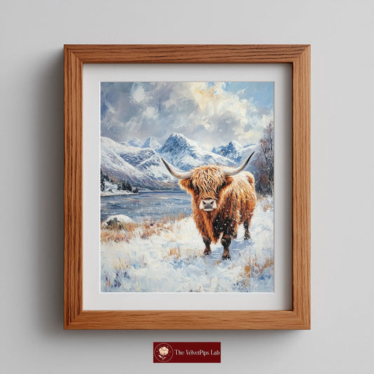 Scottish Highland Cow in Winter Wall Art, Oil Painting of Snowy Meadow and Rugged Mountains, Rustic Farmhouse Animal Print The VelvetPips Lab