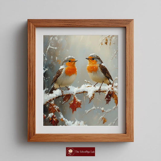 Pair of Robins on Frosty Branch Wall Art, Winter Still Life Oil Painting, Snowy Garden Scene with Peaceful Holiday Ambiance The VelvetPips Lab