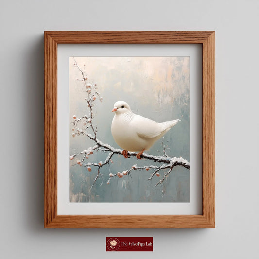 White Dove on Frosty Branch Wall Art, Minimalist Winter Oil Painting, Peaceful Bird Scene with Delicate Brush Texture The VelvetPips Lab