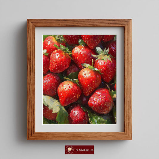 Strawberries Still Life Wall Art, Close-Up Oil Painting of Juicy Red Berries with Summer Light and Lush Shadows The VelvetPips Lab