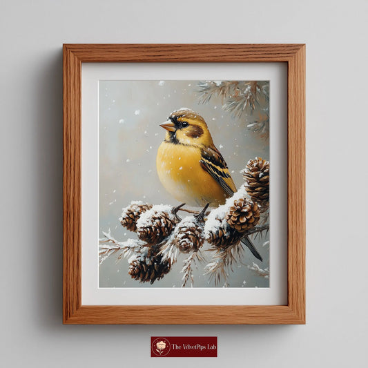 Golden Finch on Frosted Pinecone Branch Wall Art, Winter Still Life Oil Painting, Snowy Nature Scene in Classic Composition The VelvetPips Lab