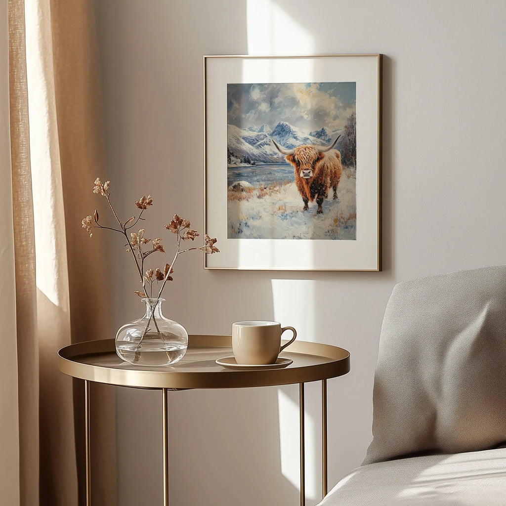 Scottish Highland Cow in Winter Wall Art, Oil Painting of Snowy Meadow and Rugged Mountains, Rustic Farmhouse Animal Print The VelvetPips Lab