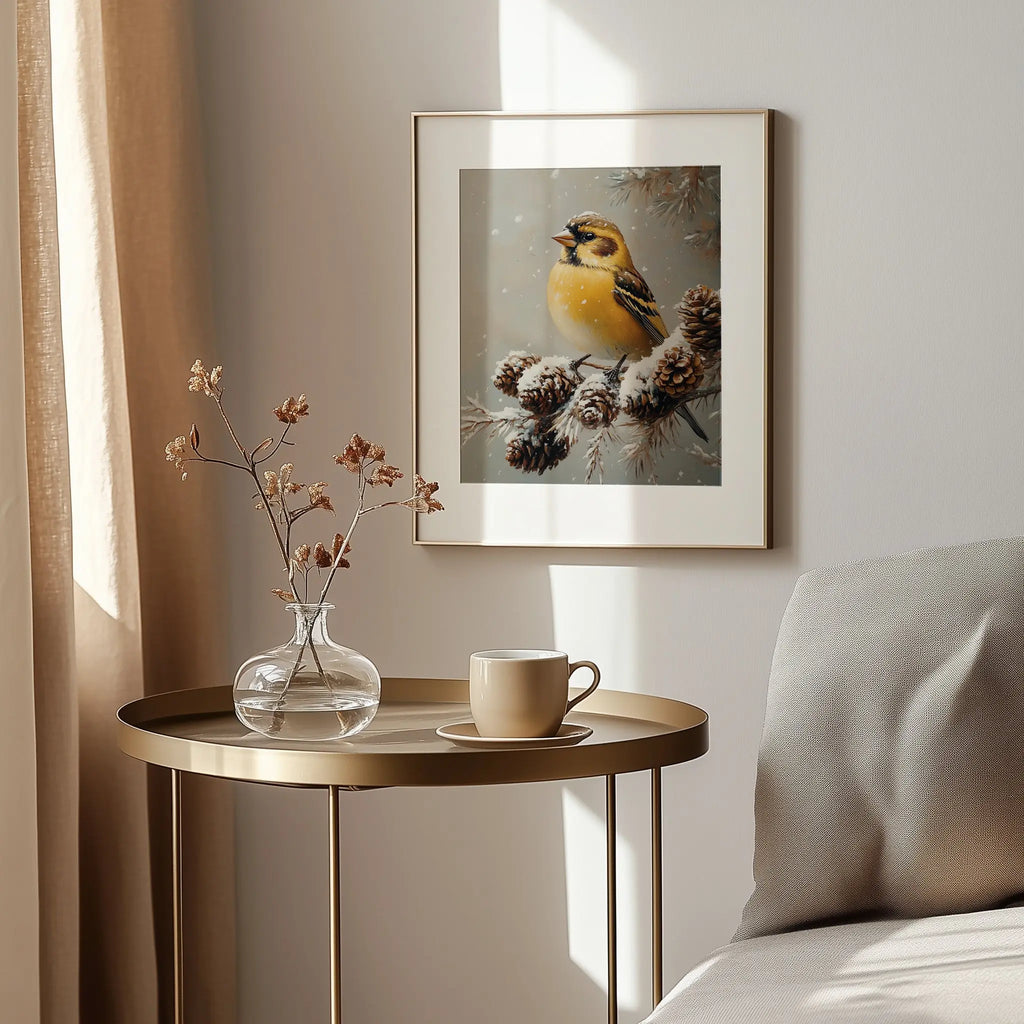 Golden Finch on Frosted Pinecone Branch Wall Art, Winter Still Life Oil Painting, Snowy Nature Scene in Classic Composition The VelvetPips Lab