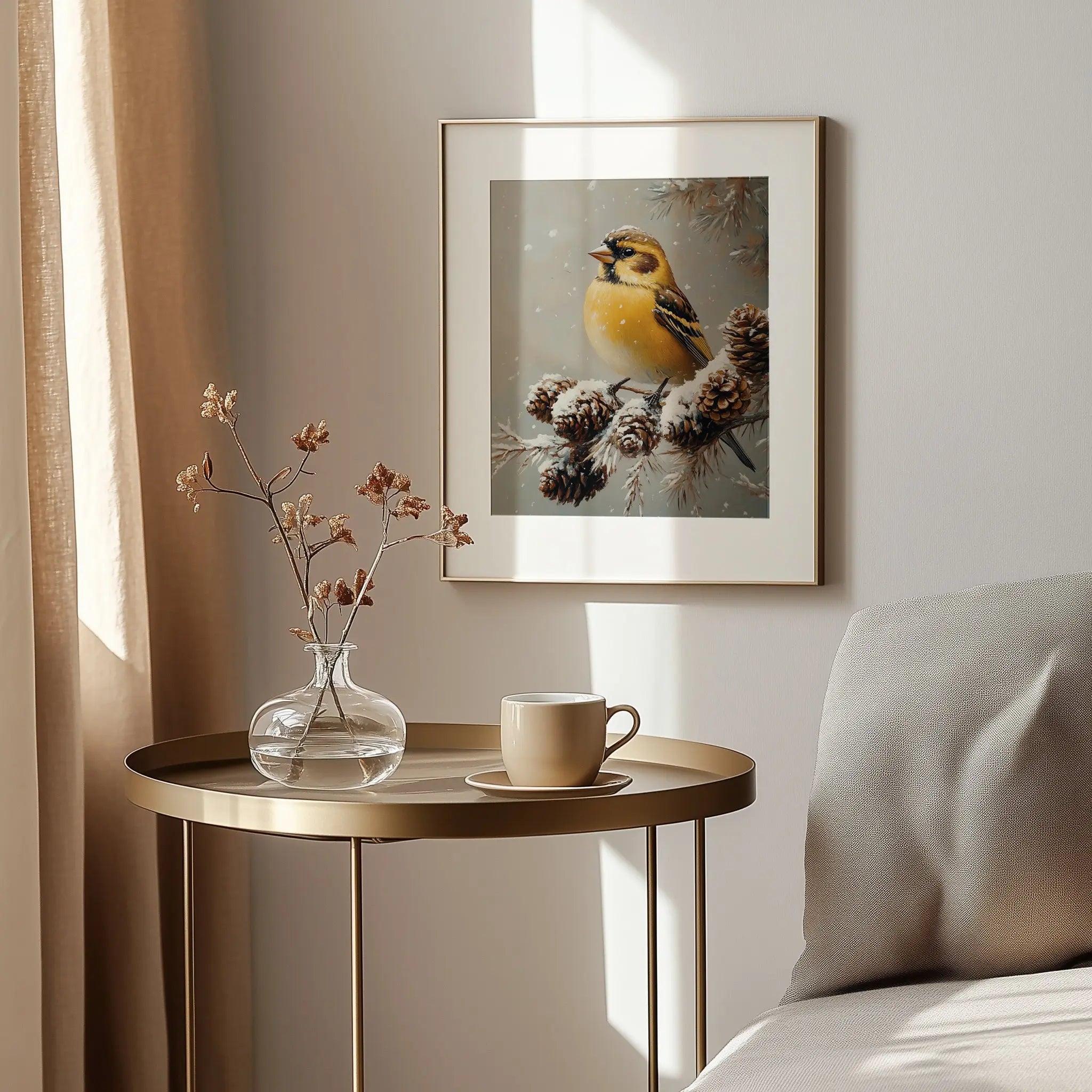 Golden Finch on Frosted Pinecone Branch Wall Art, Winter Still Life Oil Painting, Snowy Nature Scene in Classic Composition The VelvetPips Lab