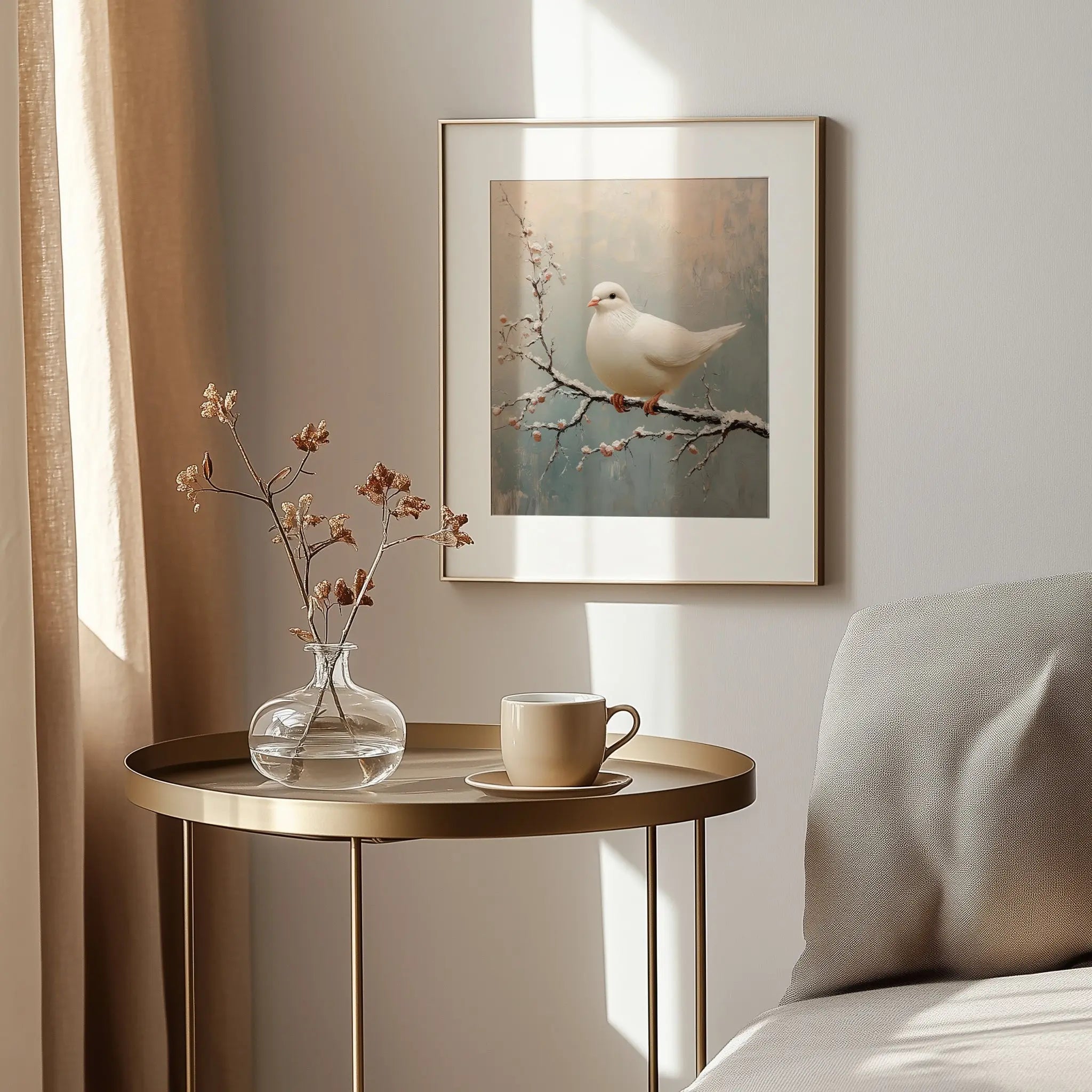 White Dove on Frosty Branch Wall Art, Minimalist Winter Oil Painting, Peaceful Bird Scene with Delicate Brush Texture The VelvetPips Lab