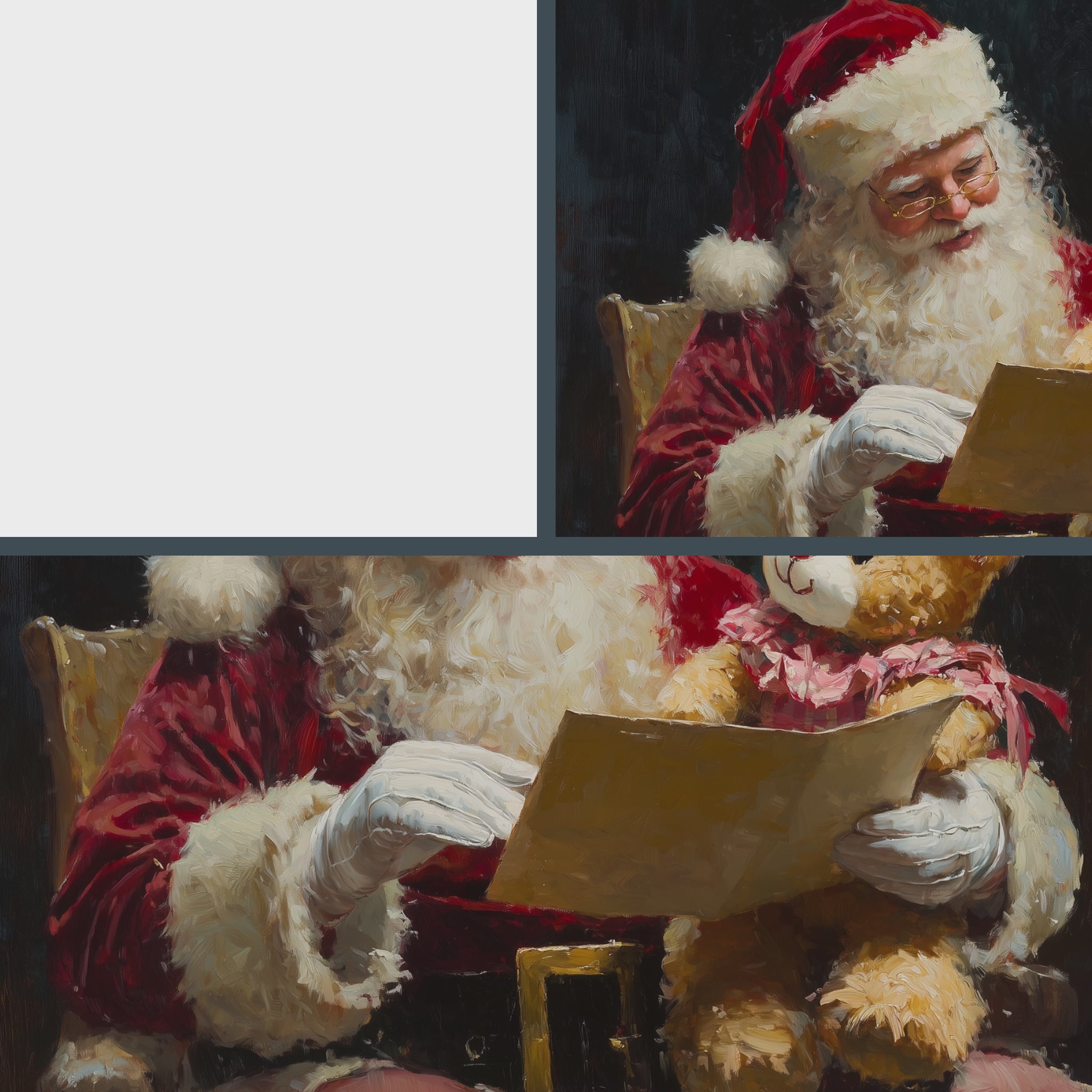 Santa Claus Reading Child’s Letter Wall Art, Horizontal Oil Painting, Christmas Digital Print with Teddy Bear Gift 24