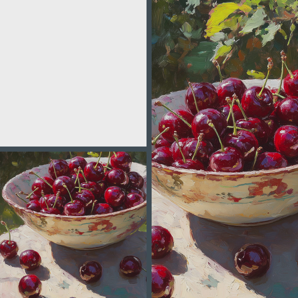 Cherries in Ceramic Bowl Wall Art, Still Life Oil Painting, Rich Crimson Fruit with Sunlit Glossy Skins 4