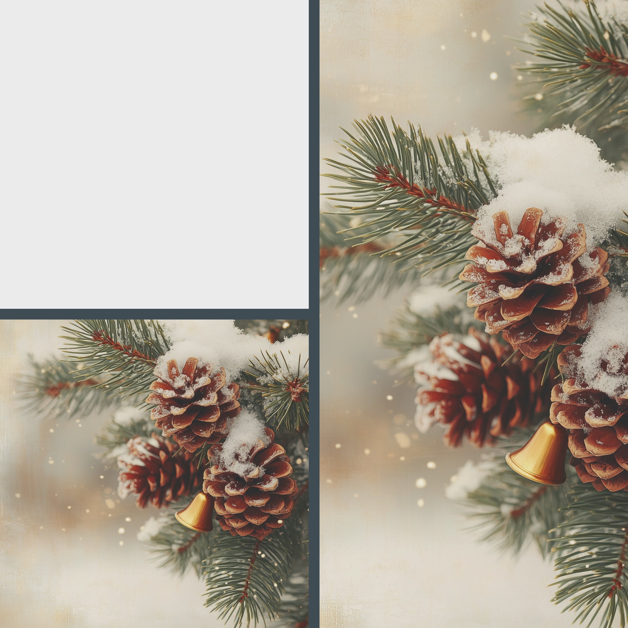 Fir Branch with Snow and Pinecones Christmas Wall Art, Vintage Holiday Oil Painting, Golden Bells and Red Ribbon, Cozy Festive Scene 18