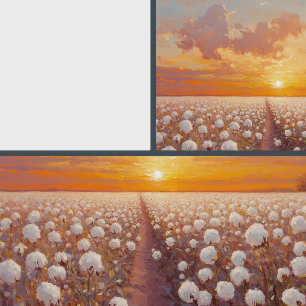 Cotton Field at Sunrise Wall Art, Oil Painting of Glowing Rows of Flowers, Peaceful Morning Landscape in Warm Hues