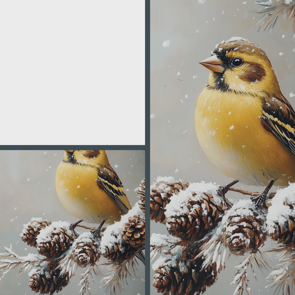 Golden Finch on Frosted Pinecone Branch Wall Art, Winter Still Life Oil Painting, Snowy Nature Scene in Classic Composition 10