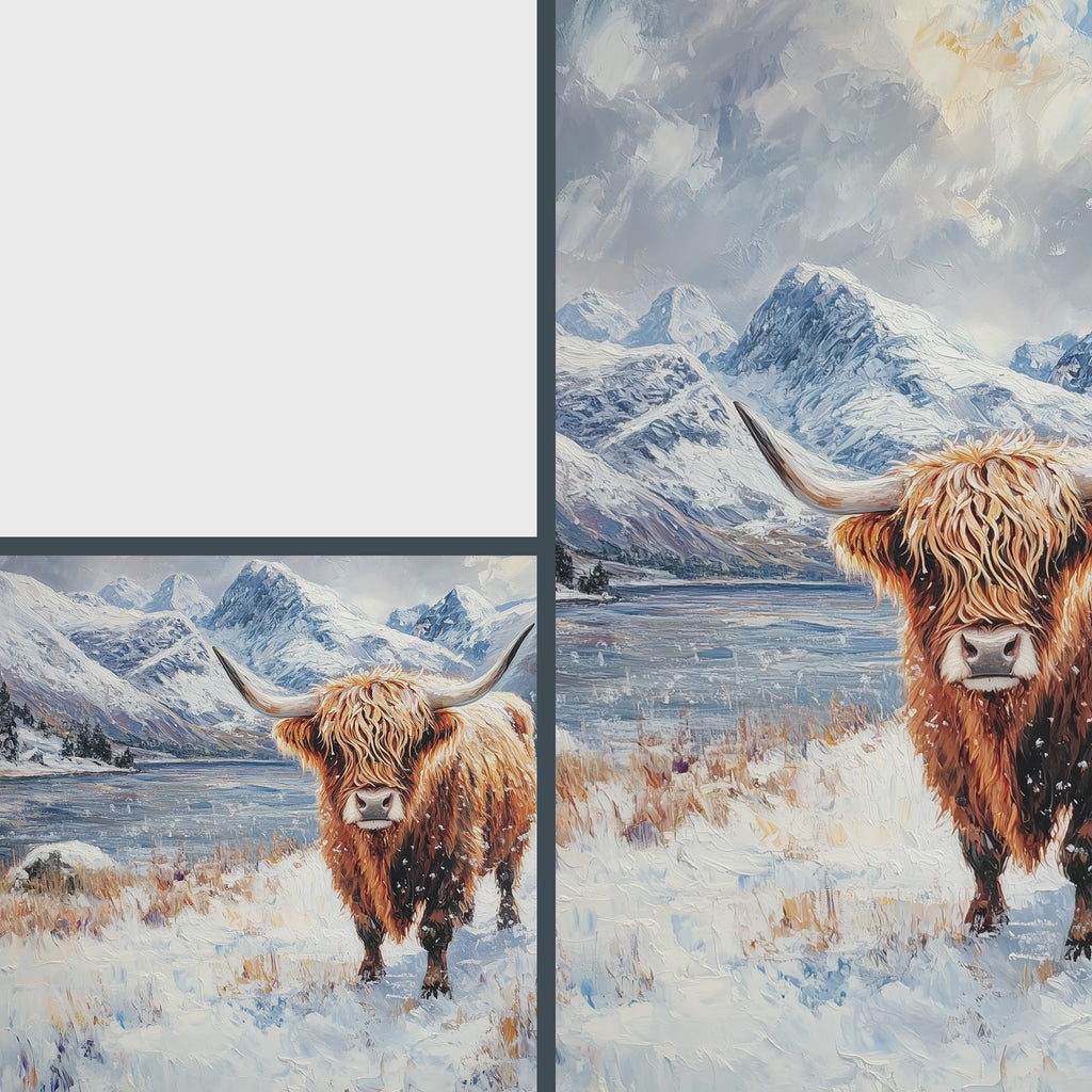 Scottish Highland Cow in Winter Wall Art, Oil Painting of Snowy Meadow and Rugged Mountains, Rustic Farmhouse Animal Print 17