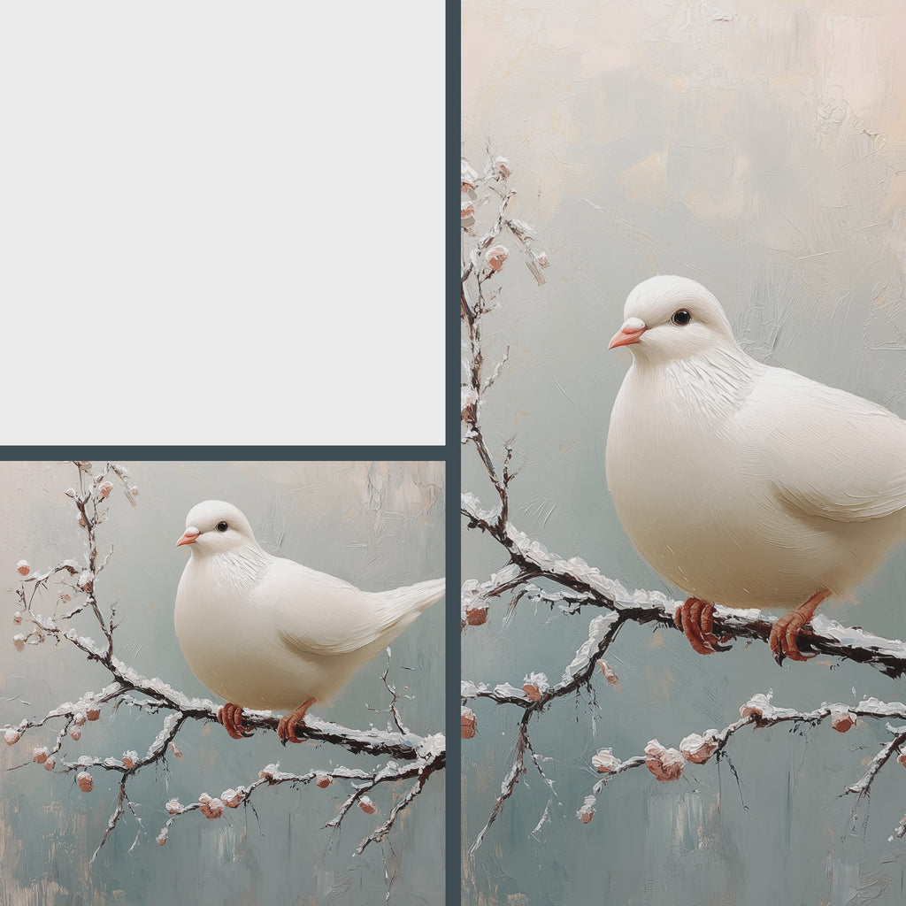 White Dove on Frosty Branch Wall Art, Minimalist Winter Oil Painting, Peaceful Bird Scene with Delicate Brush Texture 9