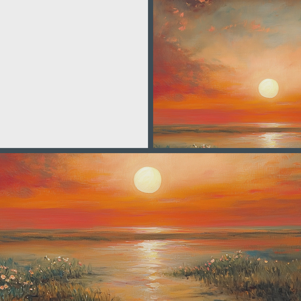 Wildflowers at Daybreak Wall Art, Oil Painting of Radiant Sunrise Landscape, Peaceful Wide-Field Nature Scene