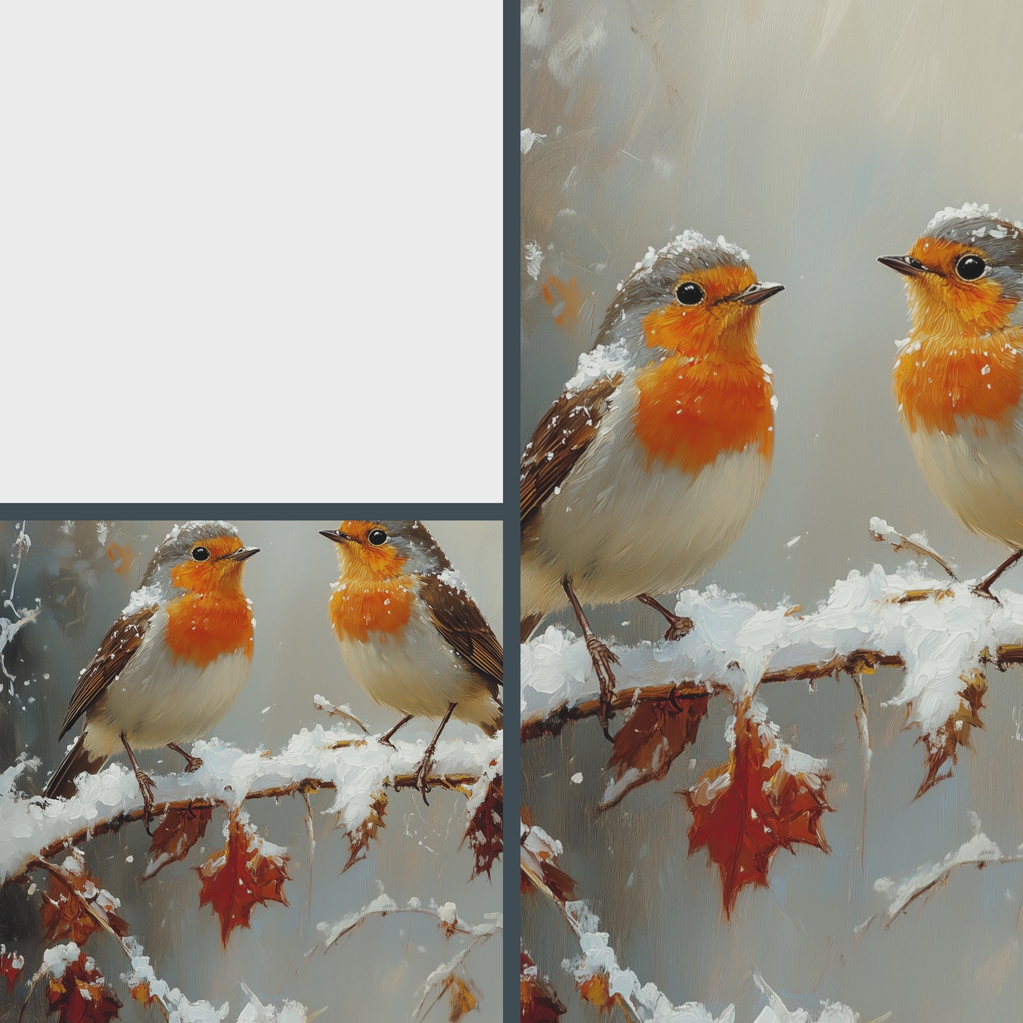Pair of Robins on Frosty Branch Wall Art, Winter Still Life Oil Painting, Snowy Garden Scene with Peaceful Holiday Ambiance 11