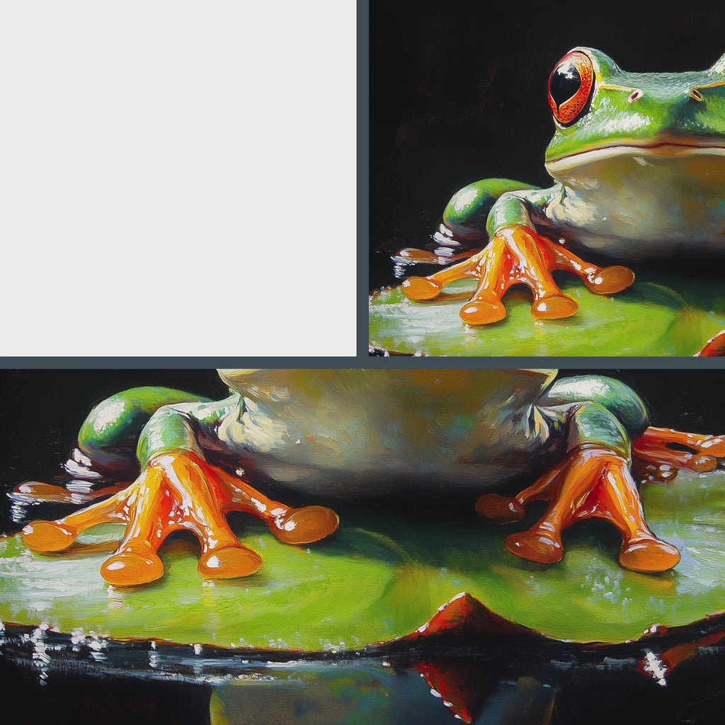Elegant Frog on Water Lily Wall Art, Oil Painting of Vivid Green Frog with Glowing Highlights, Dramatic Black Background