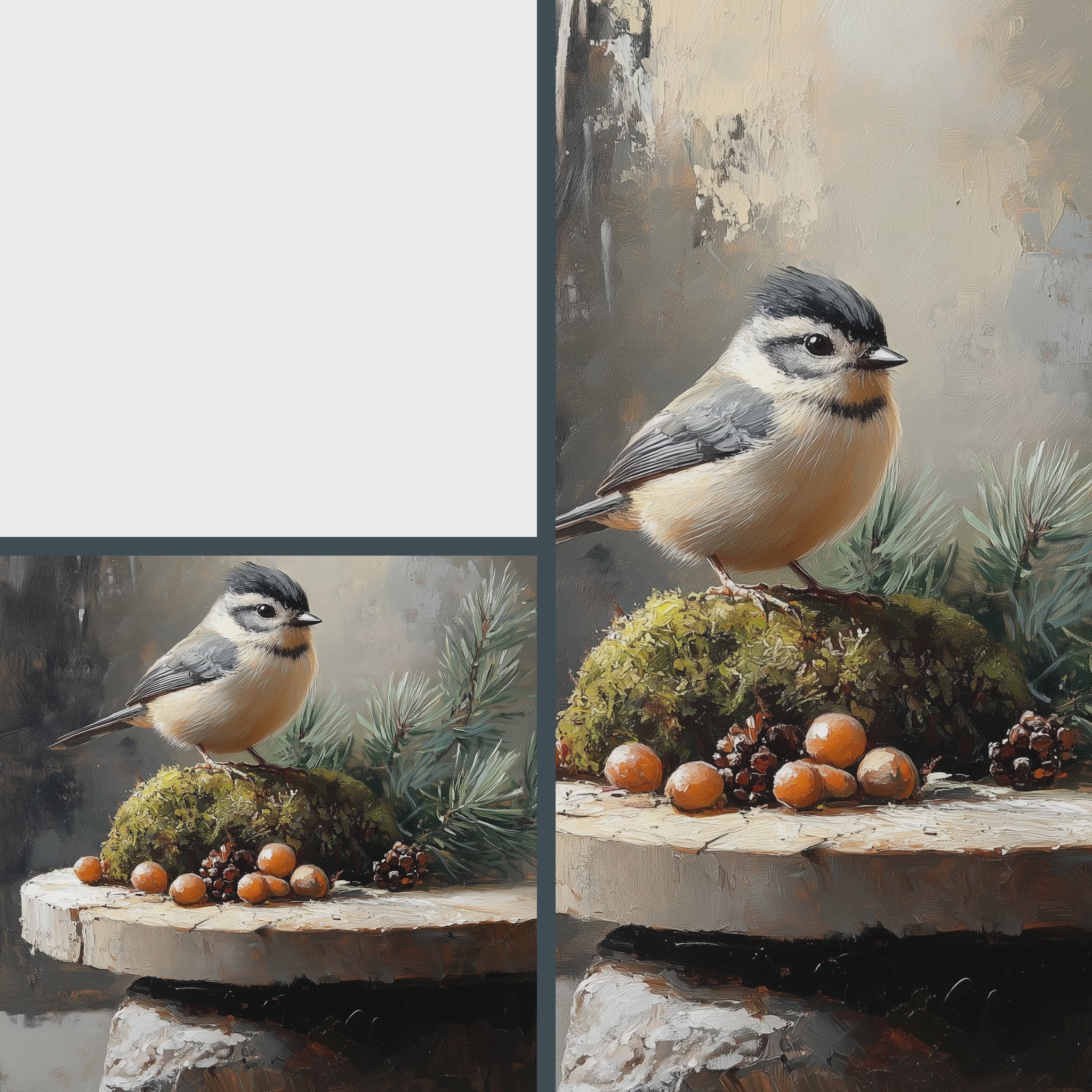 Tufted Titmouse on Mossy Stones Wall Art, Winter Still Life Oil Painting, Sunlit Evergreen Sprigs, Cozy Nature Scene 6