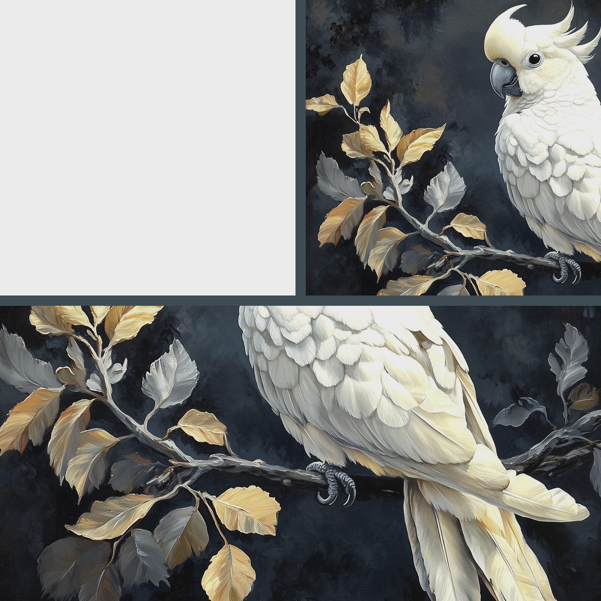 Elegant Cockatoo Wall Art, Oil Painting of White Cockatoo on Leafy Branch, Dramatic Black Background with Soft Highlights