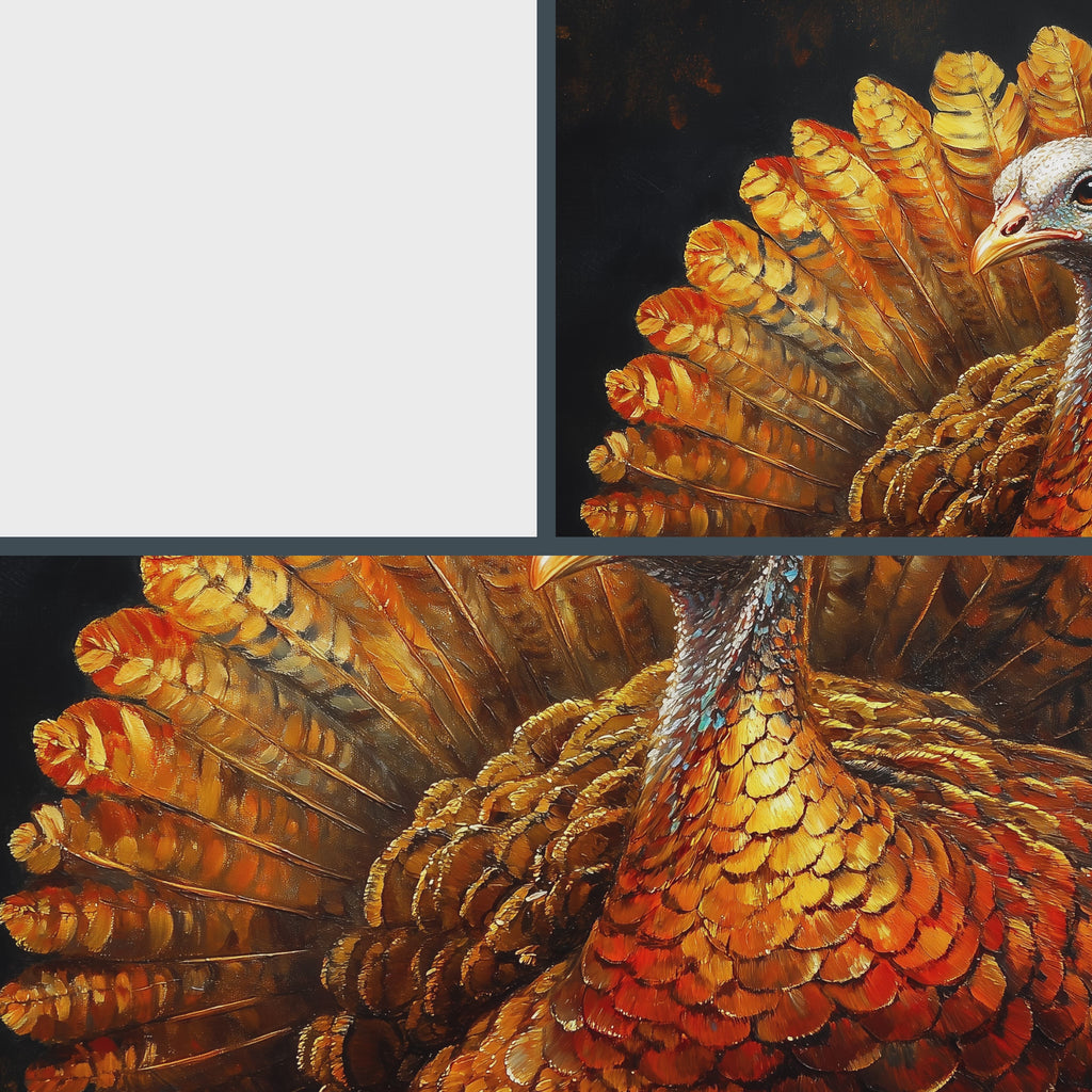 Thanksgiving Turkey Wall Art, Majestic Oil Painting with Golden Feathers, Dramatic Cinematic Lighting on Black Background 26