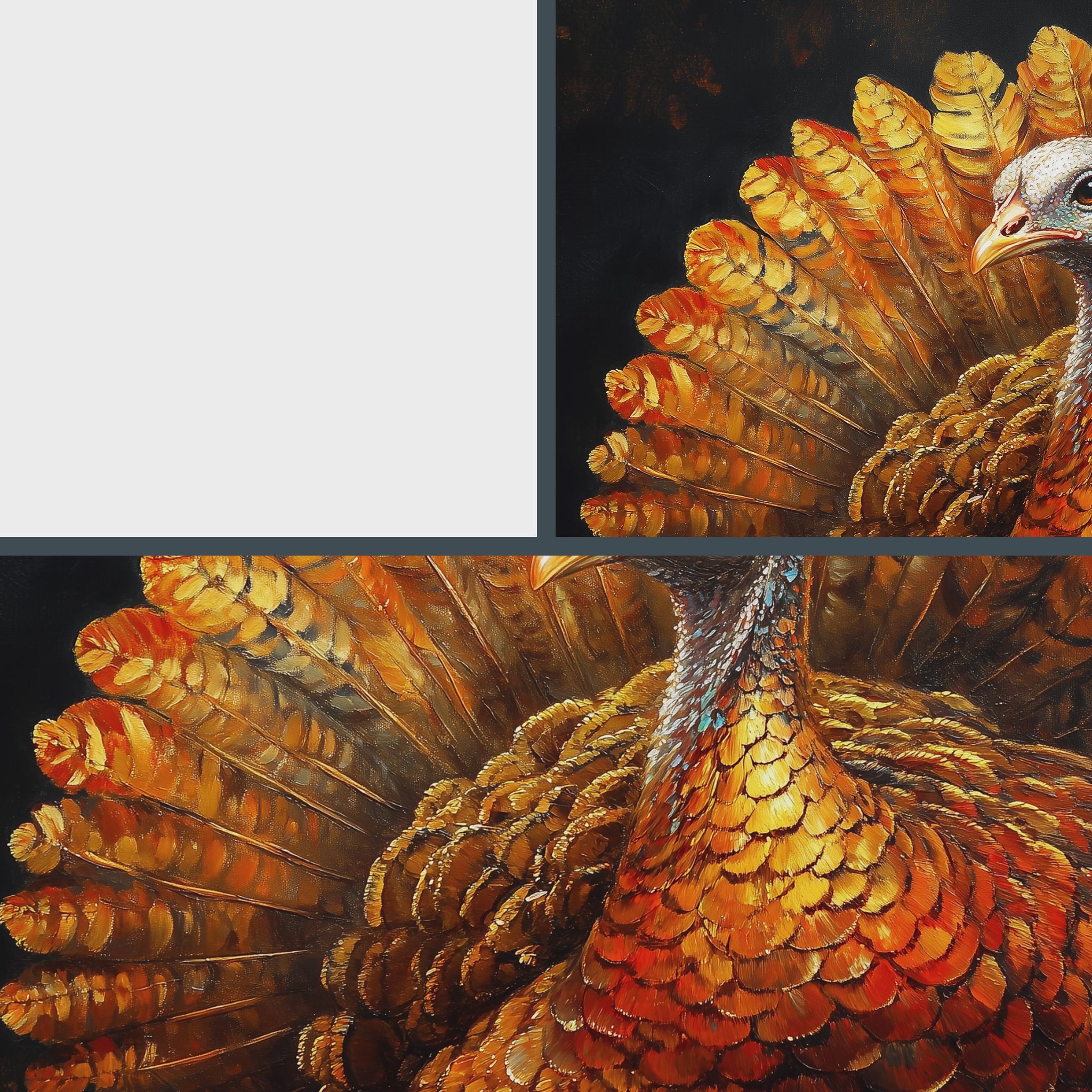 Thanksgiving Turkey Wall Art, Majestic Oil Painting with Golden Feathers, Dramatic Cinematic Lighting on Black Background 26