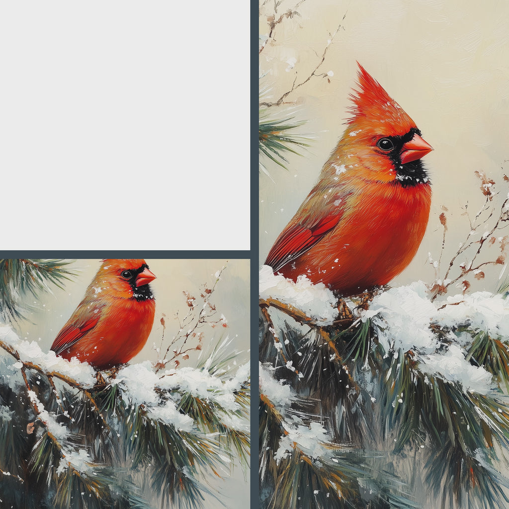 Cardinal on Snowy Pine Branch Wall Art, Winter Still Life Oil Painting, Vibrant Red Bird in Serene Forest Scene 8
