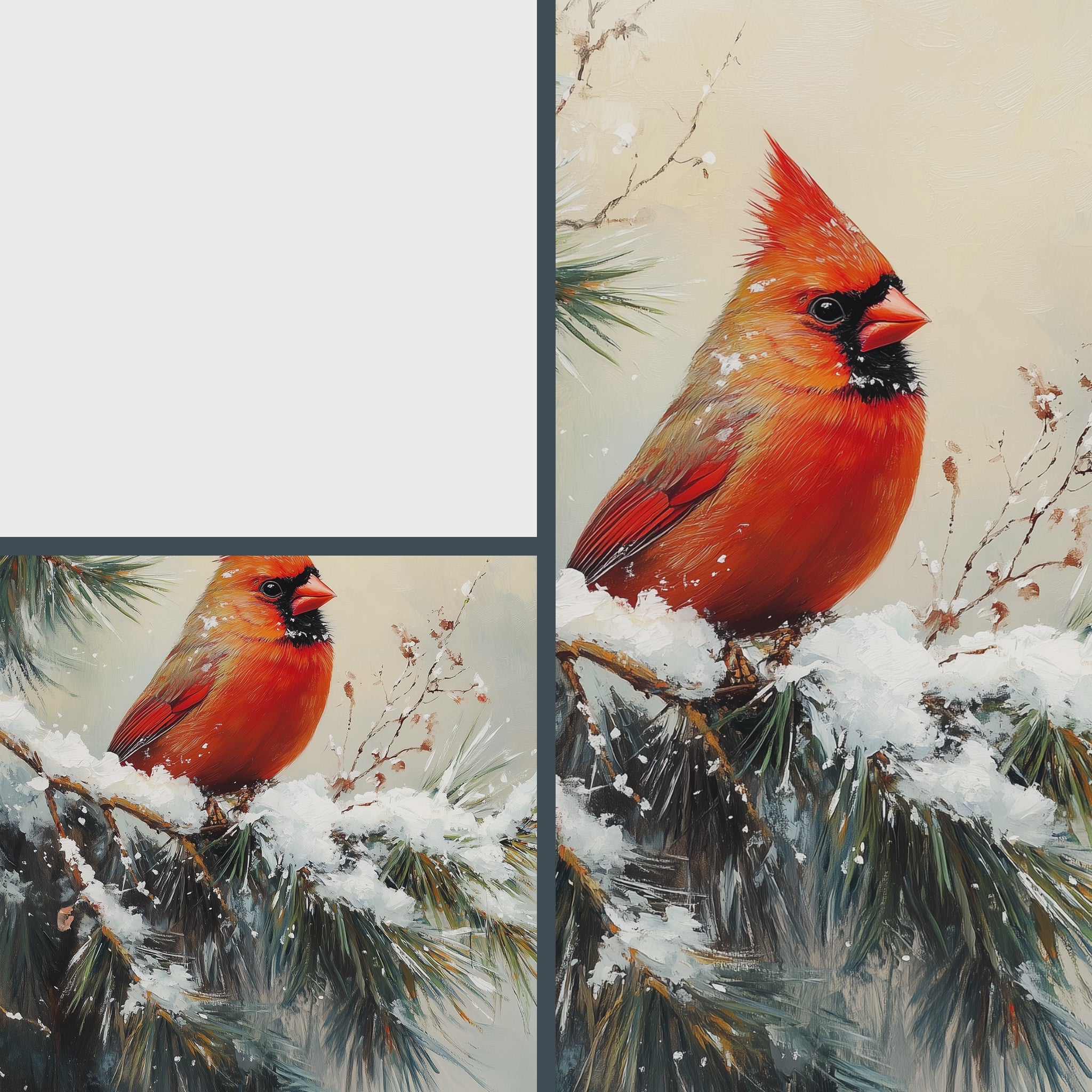 Cardinal on Snowy Pine Branch Wall Art, Winter Still Life Oil Painting, Vibrant Red Bird in Serene Forest Scene 8
