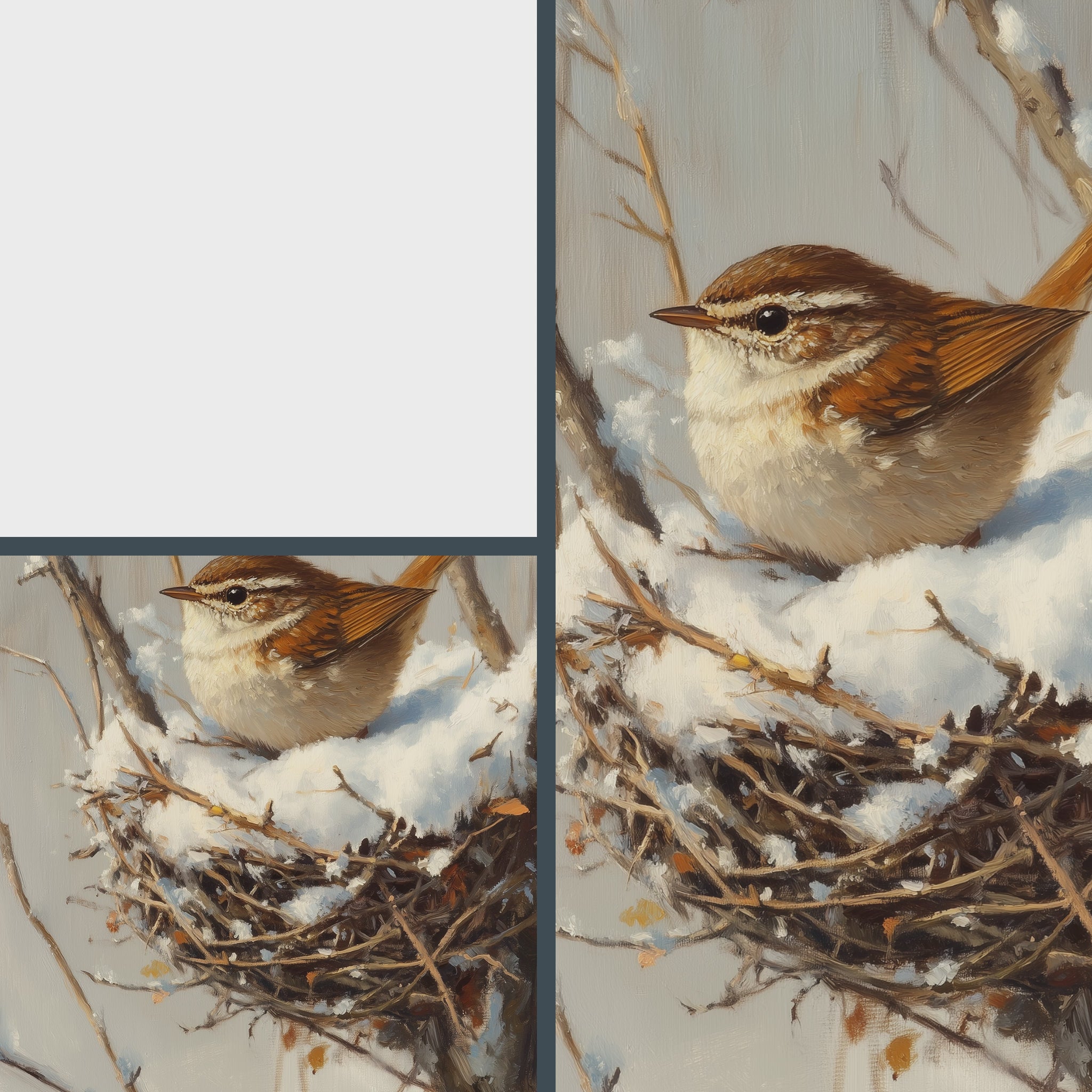Winter Wren in Snow-Filled Nest Wall Art, Still Life Oil Painting, Peaceful Bird Scene in Bare Winter Tree 15