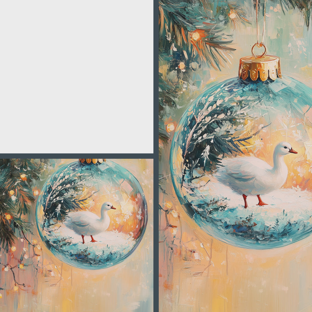 Goose Christmas Ornament Wall Art, Crystal Bauble with Snow Scene, Fairy Lights, Cozy Holiday Decor, Impressionist Printable Painting 16