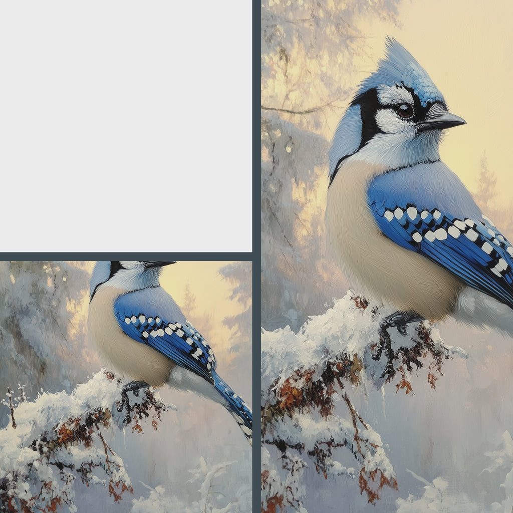 Blue Jay on Frosted Branch Wall Art, Winter Still Life Oil Painting, Snowy Trees and Morning Sky, Cozy Nature Scene 7