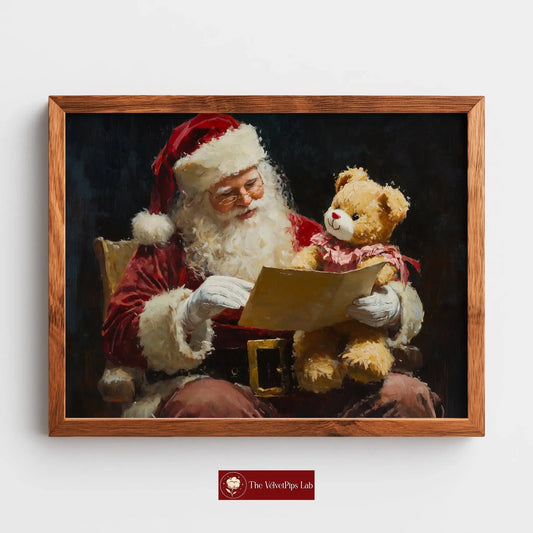 Santa Claus Reading Child’s Letter Wall Art, Horizontal Oil Painting, Christmas Digital Print with Teddy Bear Gift The VelvetPips Lab