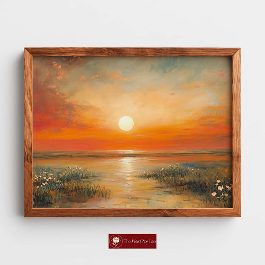 Wildflowers at Daybreak Wall Art, Oil Painting of Radiant Sunrise Landscape, Peaceful Wide-Field Nature Scene The VelvetPips Lab