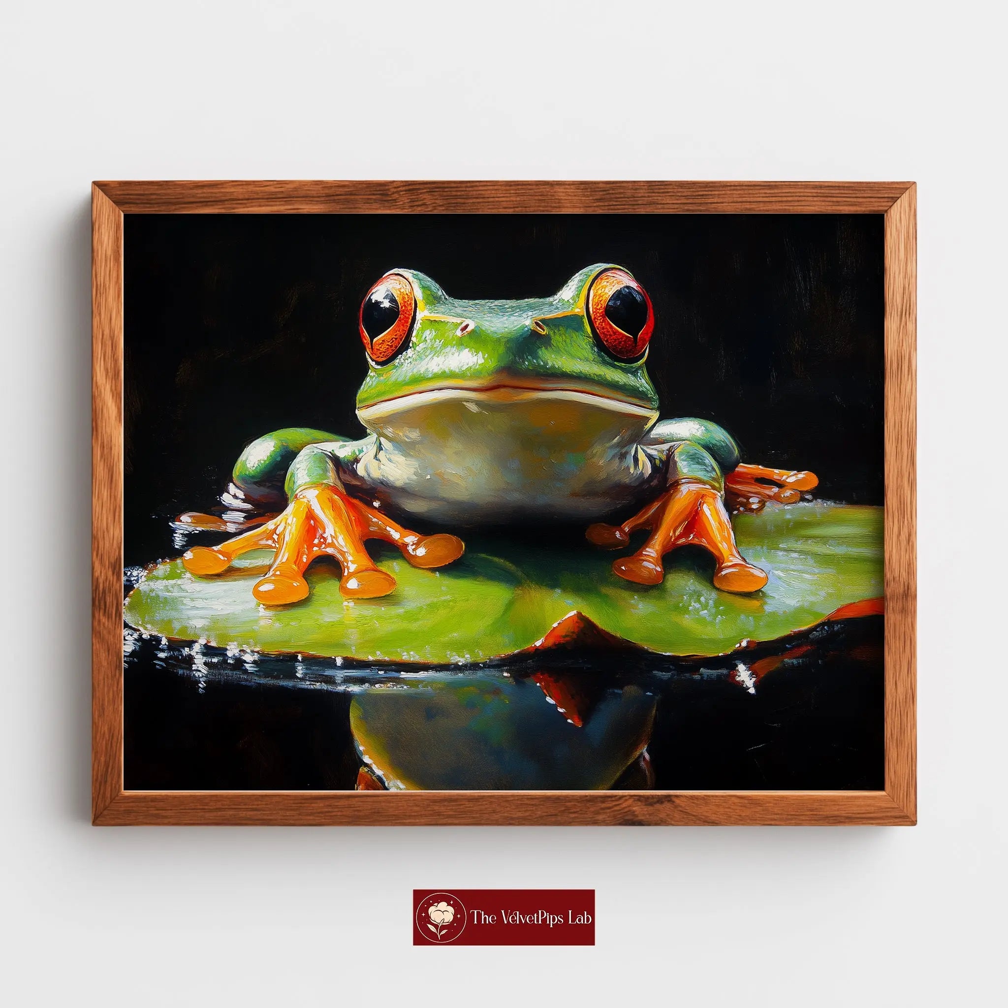 Elegant Frog on Water Lily Wall Art, Oil Painting of Vivid Green Frog with Glowing Highlights, Dramatic Black Background The VelvetPips Lab