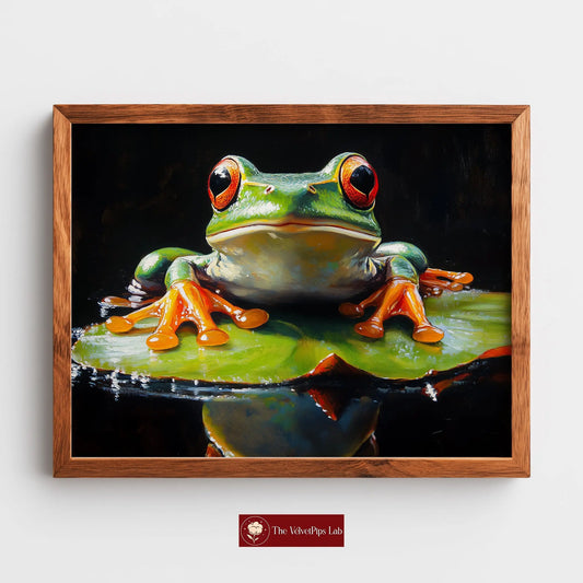 Elegant Frog on Water Lily Wall Art, Oil Painting of Vivid Green Frog with Glowing Highlights, Dramatic Black Background The VelvetPips Lab