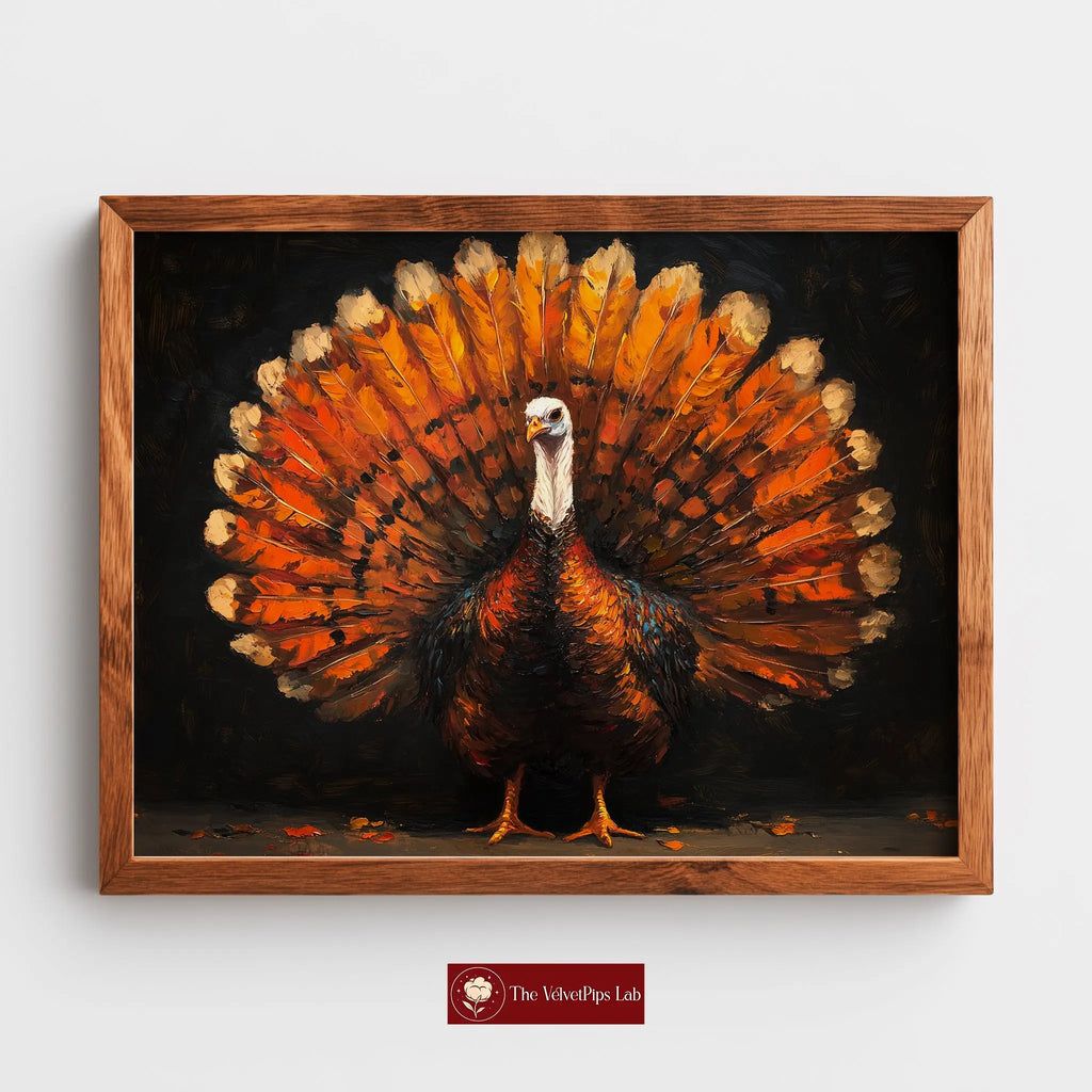 Thanksgiving Turkey Wall Art, Majestic Oil Painting with Full Plumage, Bronze and Gold Feathers in Dramatic Lighting The VelvetPips Lab