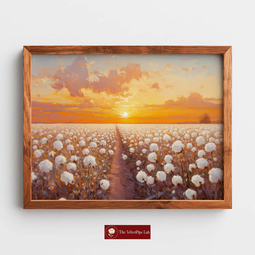 Cotton Field at Sunrise Wall Art, Oil Painting of Glowing Rows of Flowers, Peaceful Morning Landscape in Warm Hues The VelvetPips Lab