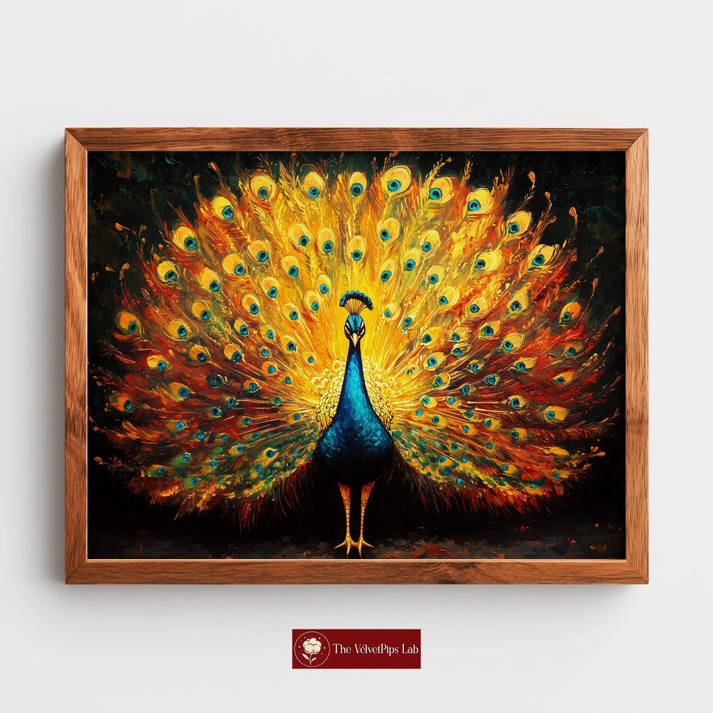 Regal Peacock Wall Art, Oil Painting of Vibrant Plumage Spread, Jewel Tone Feathers with Dramatic Contrast The VelvetPips Lab