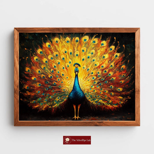 Regal Peacock Wall Art, Oil Painting of Vibrant Plumage Spread, Jewel Tone Feathers with Dramatic Contrast The VelvetPips Lab