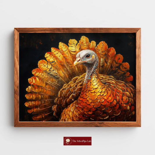 Thanksgiving Turkey Wall Art, Majestic Oil Painting with Golden Feathers, Dramatic Cinematic Lighting on Black Background The VelvetPips Lab