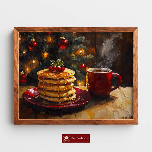 Pancakes with Honey and Coffee Wall Art, Christmas Morning Oil Painting, Cozy Holiday Kitchen Scene The VelvetPips Lab