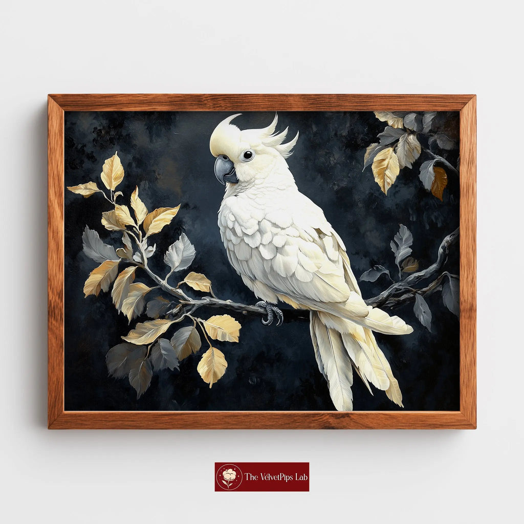 Elegant Cockatoo Wall Art, Oil Painting of White Cockatoo on Leafy Branch, Dramatic Black Background with Soft Highlights The VelvetPips Lab