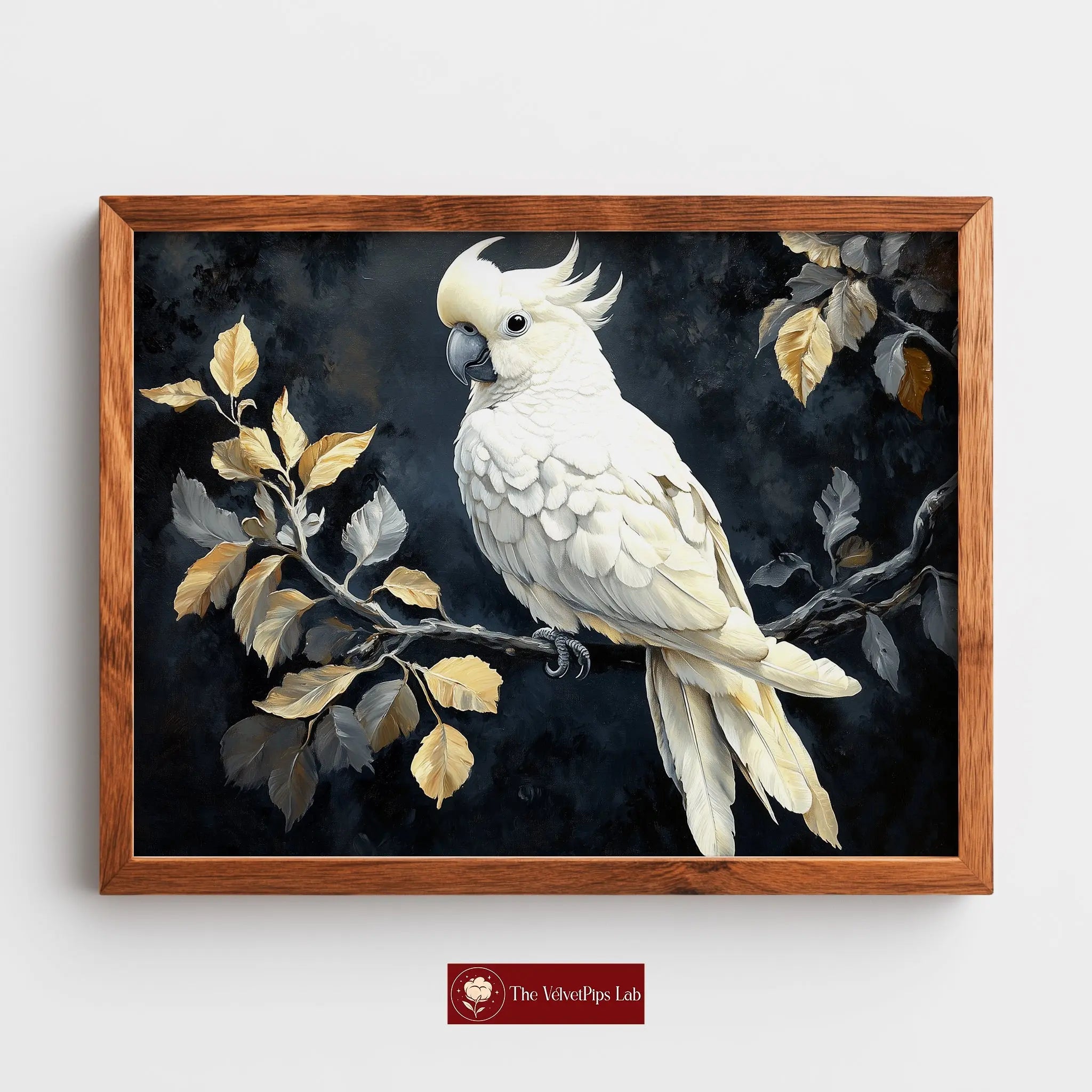 Elegant Cockatoo Wall Art, Oil Painting of White Cockatoo on Leafy Branch, Dramatic Black Background with Soft Highlights The VelvetPips Lab