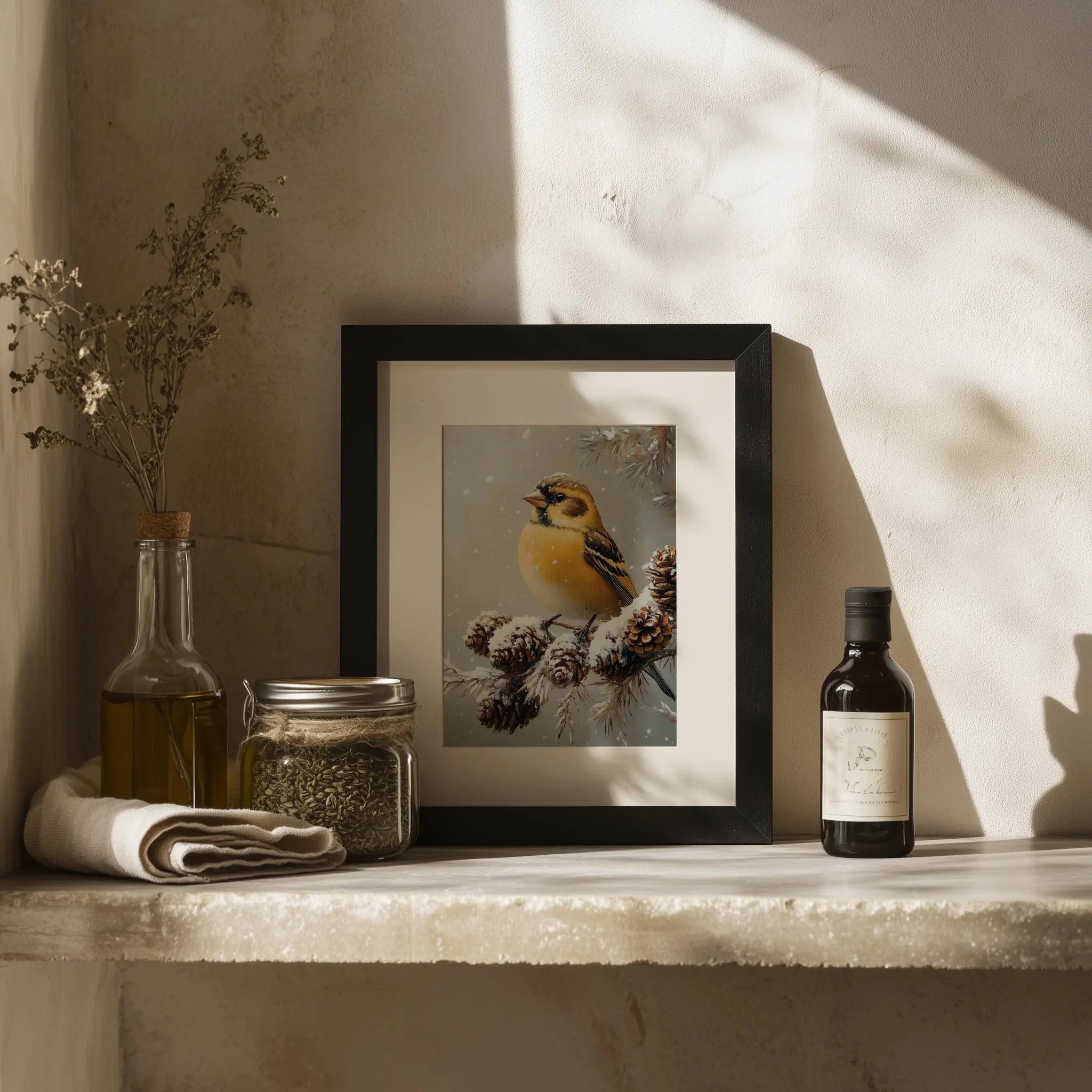 Golden Finch on Frosted Pinecone Branch Wall Art, Winter Still Life Oil Painting, Snowy Nature Scene in Classic Composition The VelvetPips Lab