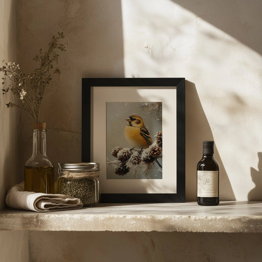 Golden Finch on Frosted Pinecone Branch Wall Art, Winter Still Life Oil Painting, Snowy Nature Scene in Classic Composition The VelvetPips Lab